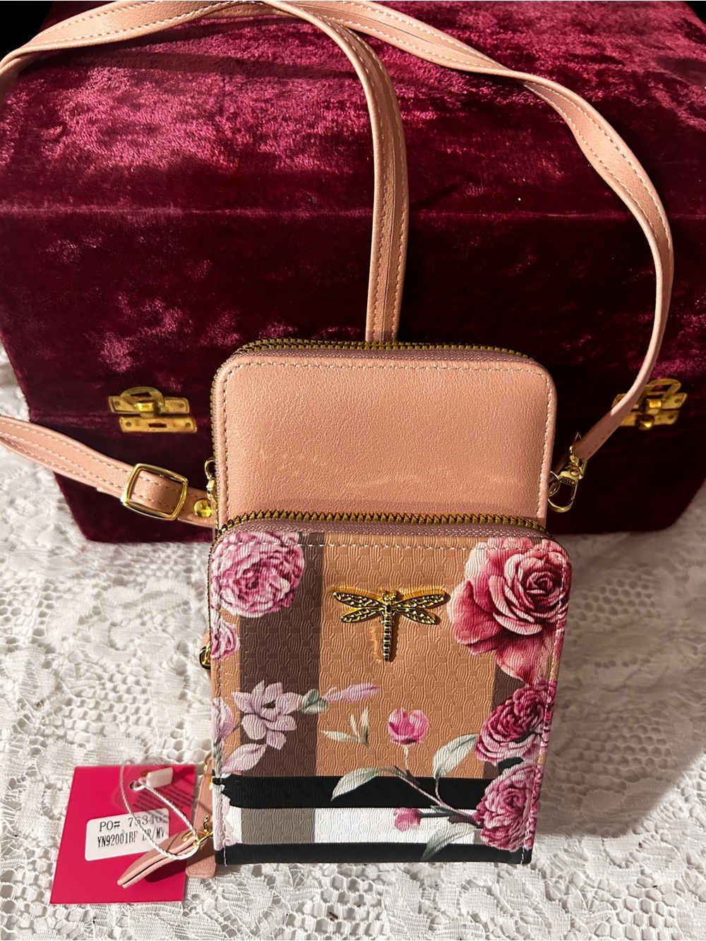 Iconic Bags Pink Velvet Crossbody with Tan Accents